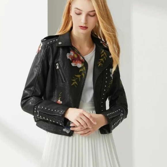 Jackets & Blazers - Women Leather Floral Print Embroidery Jacket